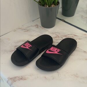Nike Black Slides with Pink Logo